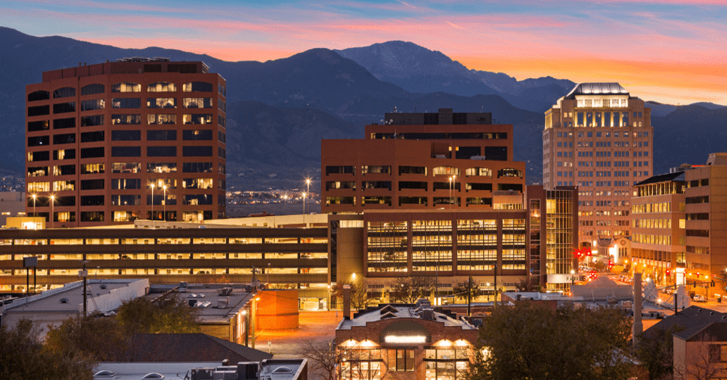 downtown Colorado Springs office buildings at sunset