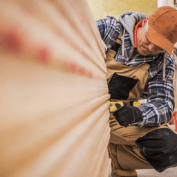 man in flannel shirt and carpenter pants with brown hat sanding a piece of wood