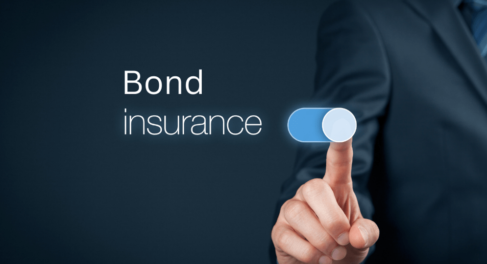 A persons finger sliding a white button over blue back ground with text reading Bond Insurance