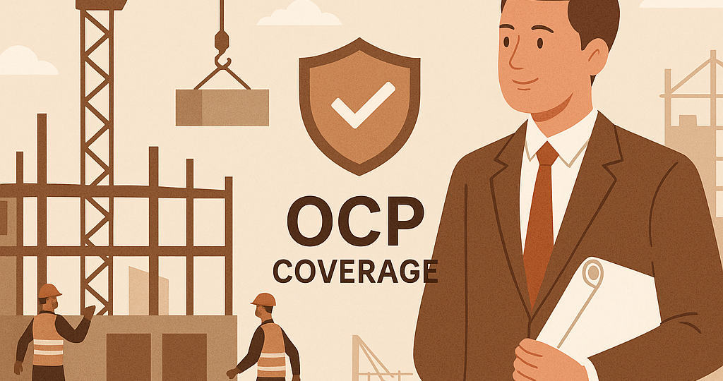 Illustration of a project owner in a suit holding blueprints at a construction site, with a visible OCP insurance shield icon in the background, symbolizing liability protection for construction projects